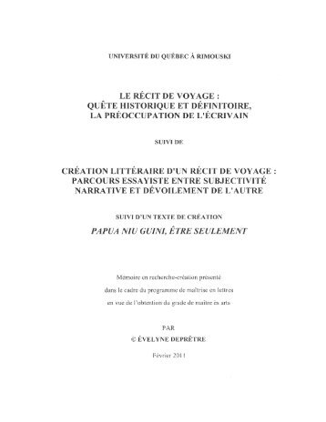 le récit de voyage: quête historique et définitoire, la préoccupation ...