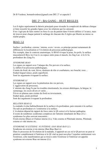 DIU 2° : BA GANG – HUIT REGLES