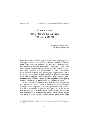 introduction au livre de la genèse de nahmanide - Éditions Beya