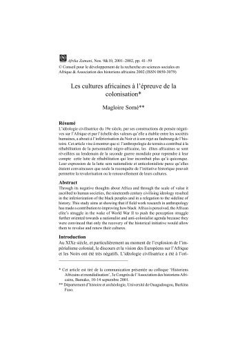 Les cultures africaines à l'épreuve de la colonisation* - codesria