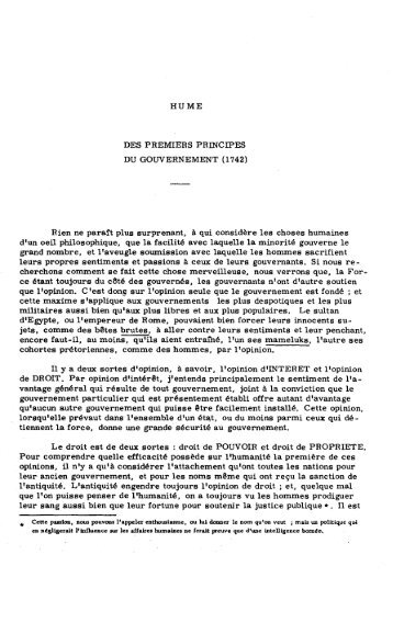 HUME DES PREMIERS PRINCIPES DU GOUVERNEMENT (1742 ...