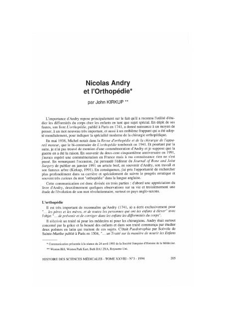 Nicolas Andry et l'Orthopédie* - Bibliothèque interuniversitaire de ...