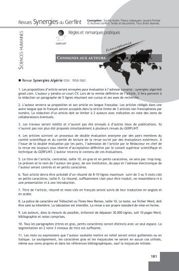 Consignes aux auteurs de la revue Synergies Algérie