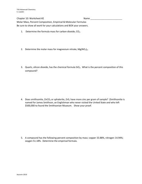 Molar Mass Percent Composition Empirical Molecular Formulas