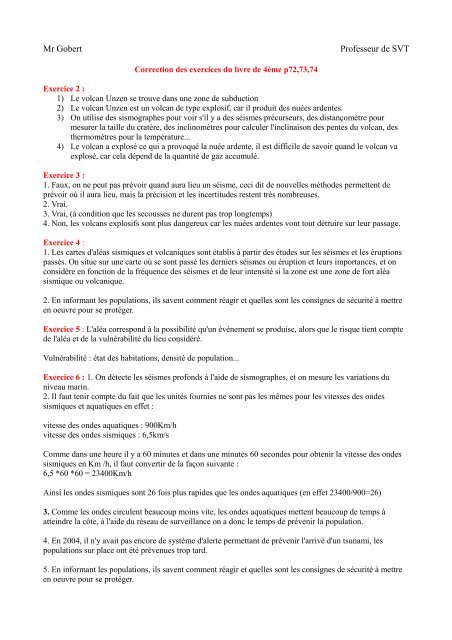 Correction des exercices du chapitre - CbolesSVT