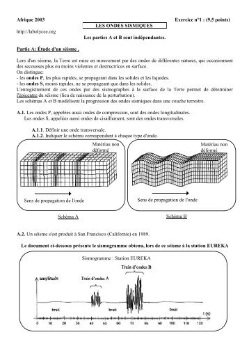 Afrique 2003 Exercice n°1 : (9,5 points) LES ONDES SISMIQUES ...