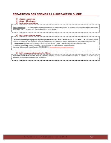 répartition des seismes a la surface du globe - Pedagogie 2nd degré