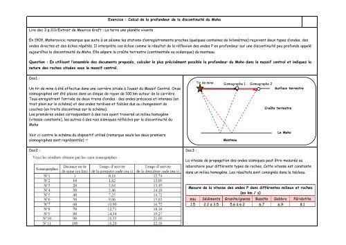 Exercice : Calcul de la profondeur de la discontinuité du Moho Lire ...