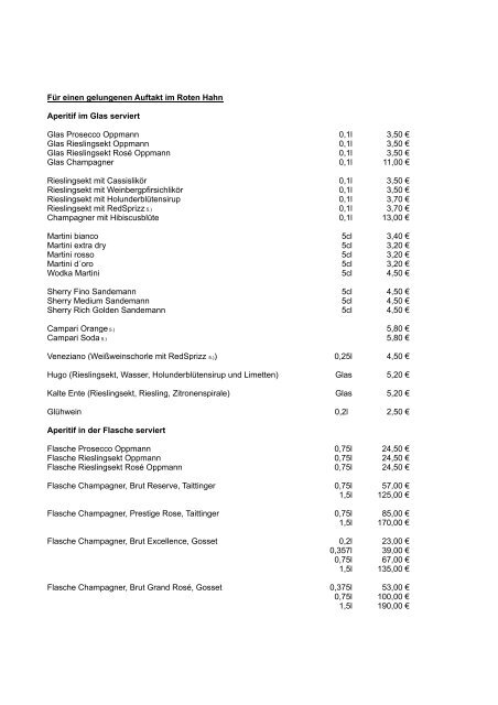 Wein- & Getränkekarte Zusatzstroffe - Roter Hahn