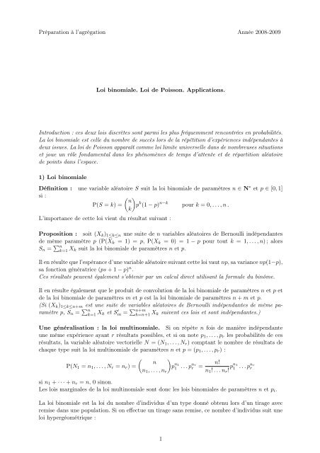 Loi binomiale. Loi de Poisson