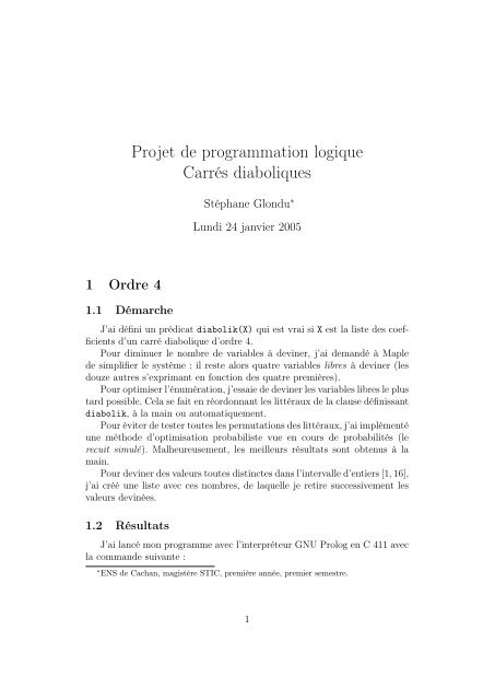 Projet de programmation logique Carrés ... - Stéphane Glondu