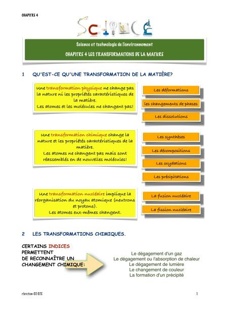 Chapitre 4 Les Transformations De La Matière - LA SCIENCE ET ...