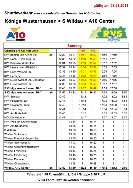 Fahrplan Shuttlebus - A10 Center