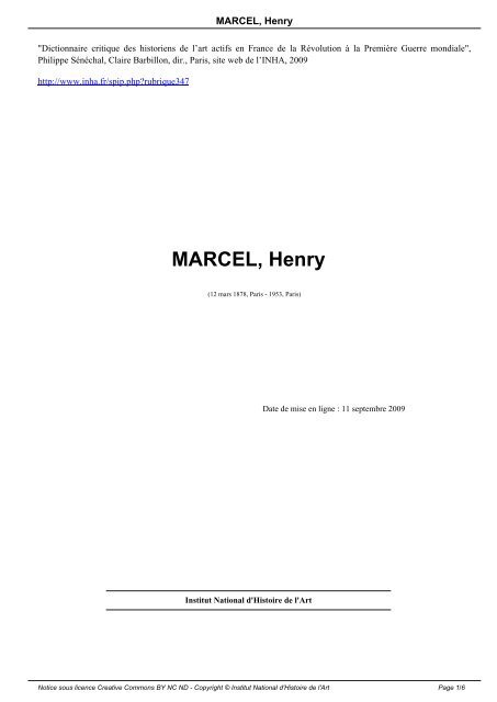 MARCEL, Henry - Institut National d'Histoire de l'Art