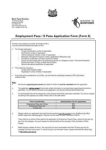 Employment Pass / S Pass Application Form - Ministry of Manpower