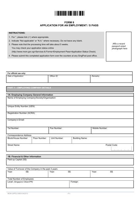 Employment Pass / S Pass Application Form - Ministry of Manpower