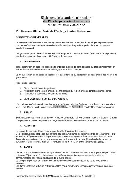 Règlement intérieur de la garderie périscolaire Dodeman - Vouziers