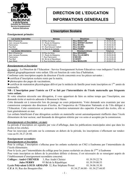 Informations générales rentrée scolaire 2013-2014 - Eaubonne