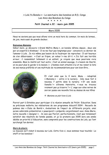 Janvier 2005 - lola ya bonobo, sanctuaire des bonobos du congo