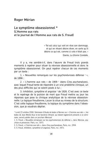 Roger Mérian : Le symptôme obsessionnel - Ecole de Psychanalyse ...