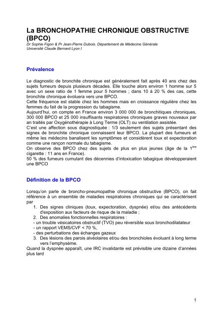 La BRONCHOPATHIE CHRONIQUE OBSTRUCTIVE (BPCO)