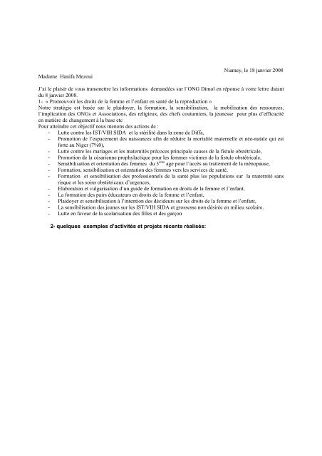 Niamey, le 18 janvier 2008 Madame Hanifa Mezoui J'ai le plaisir de ...