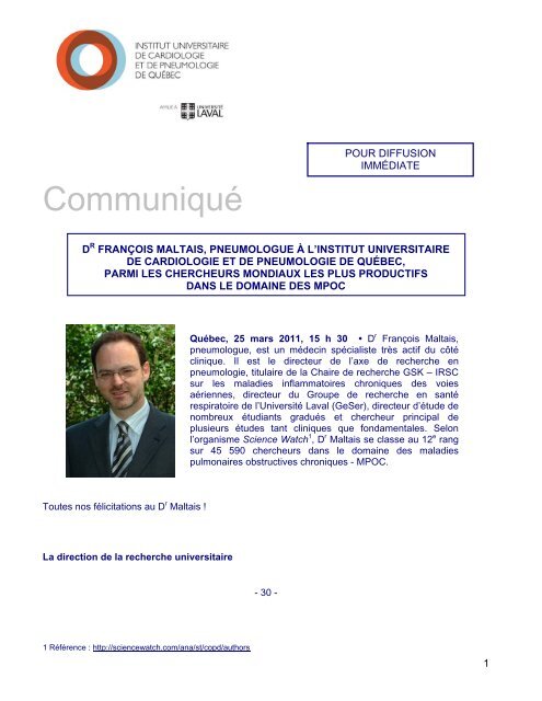 1 communiqué d r franÇois maltais, pneumologue À l'institut…