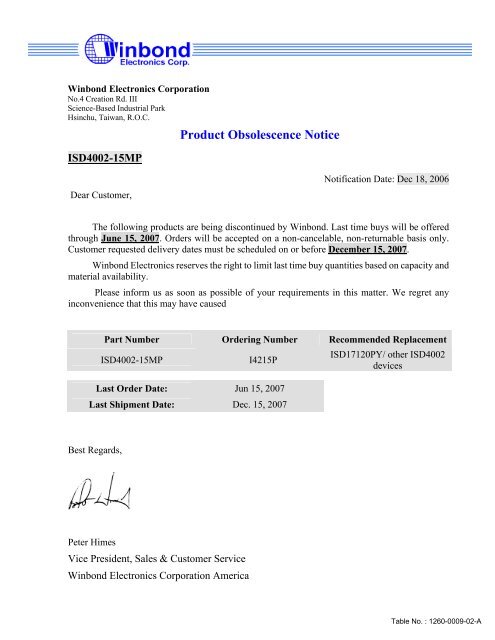 Product Obsolescence Notice - Nu Horizons Electronics