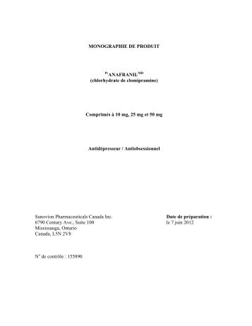 Monographie d'ANAFRANIL MD - Sunovion Pharmaceuticals Inc.