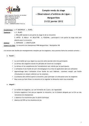 Compte rendu du stage « Observateurs d'arbitres de Ligue ...