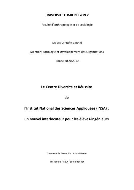 Mémoire - Centre Diversité Réussite - INSA de Lyon