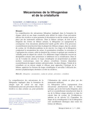 Mécanismes de la lithogenèse et de la cristallurie - Biologie & Santé