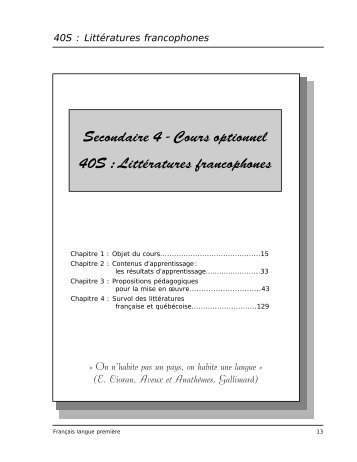 Secondaire 4 - Cours optionnel 40S : Littératures francophones