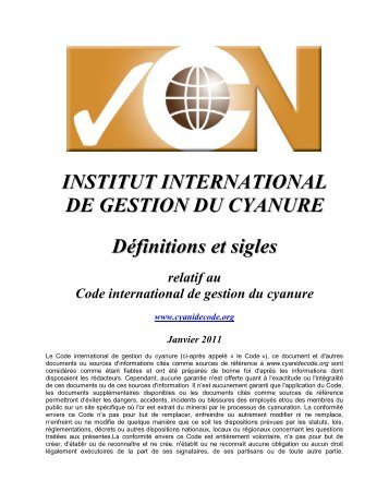 INSTITUT INTERNATIONAL DE GESTION DU CYANURE ...