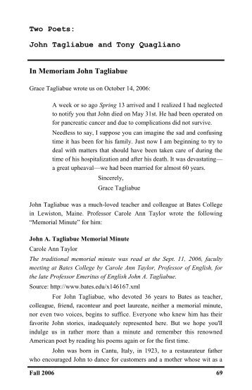 Two Poets: John Tagliabue and Tony Quagliano In Memoriam John ...