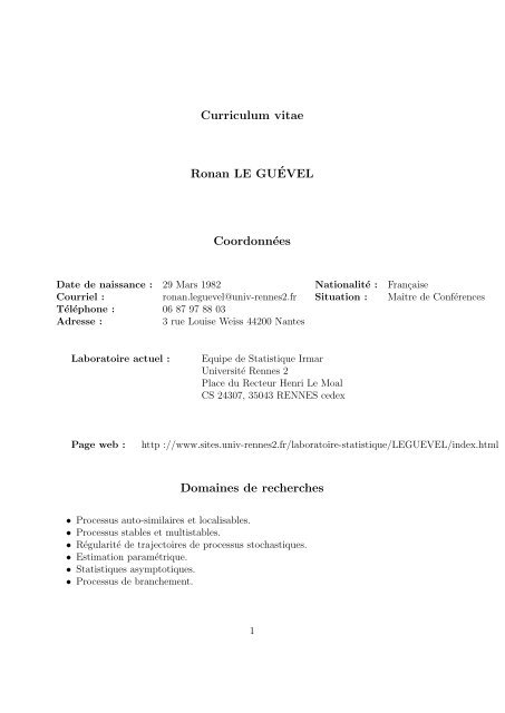 Curriculum vitae Ronan LE GUÉVEL Coordonnées Domaines de ...