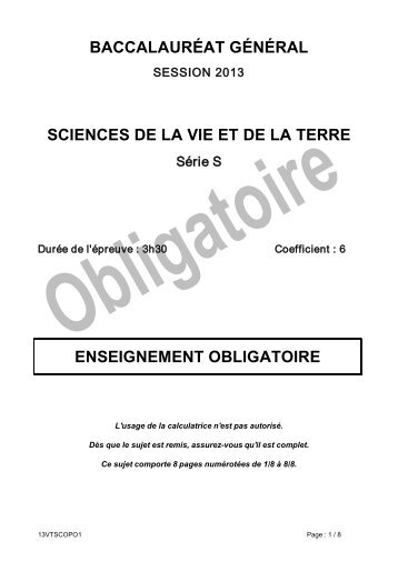 Sujet du bac S - SVT Obligatoire 2013 - Polynésie - Sujet de bac