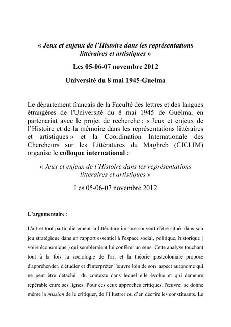 Les jeux et les enjeux de l'Histoire dans la représentation ... - Guelma