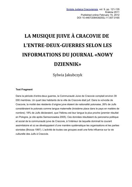 la musique juive à cracovie de l'entre-deux-guerres selon les ...