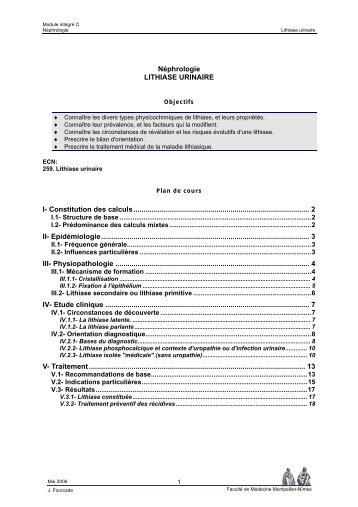 Néphrologie LITHIASE URINAIRE I - Faculté de médecine de ...