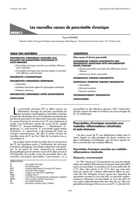 Les nouvelles causes de pancréatite chronique - SNFGE