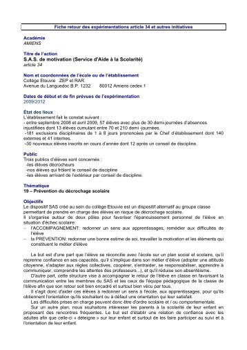SAS de motivation (Service d'Aide à la Scolarité) - Académie d'Amiens
