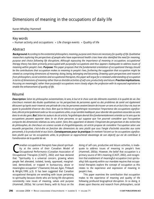 Dimensions of meaning in the occupations of daily life - Canadian ...