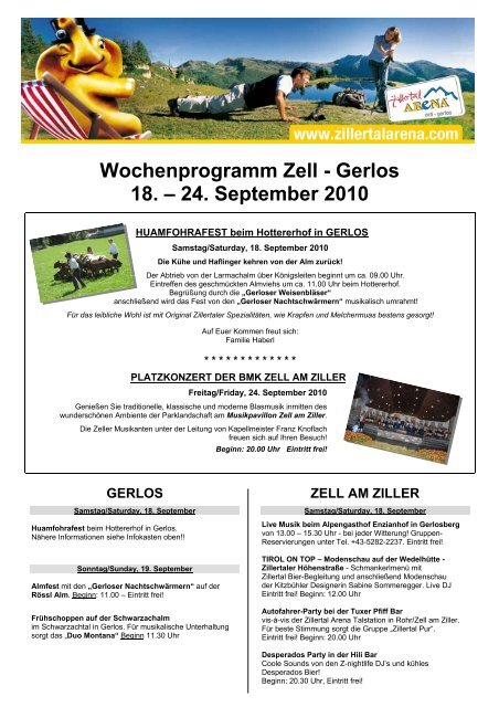 Wochenprogramm Zell - Gerlos 18. – 24. September ... - Zillertal Arena