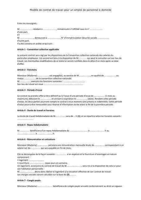 Modèle de contrat de travail pour un emploi de personnel à domicile ...