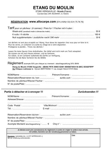 télécharger le formulaire de réservation (.pdf) - Étang du Moulin
