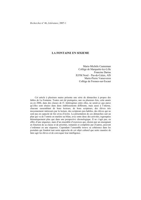 LA FONTAINE EN SIXIEME - Revue de pédagogie et de didactique ...
