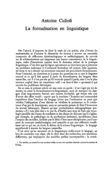 · Antoine Culioli La formalisation en linguistique - Cahiers pour l ...