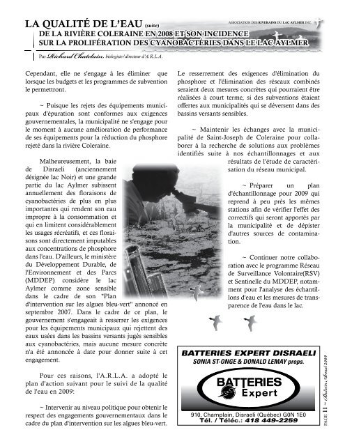 Bulletin annuel 2009 - Association des Riverains du Lac Aylmer