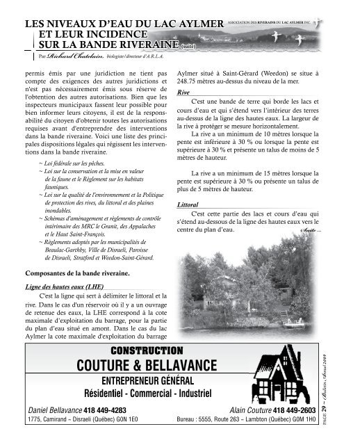 Bulletin annuel 2009 - Association des Riverains du Lac Aylmer